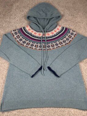 Tabitha Webb Fair Isle Hoodie Women's Medium Blue Pink Nordic Knit Sweater